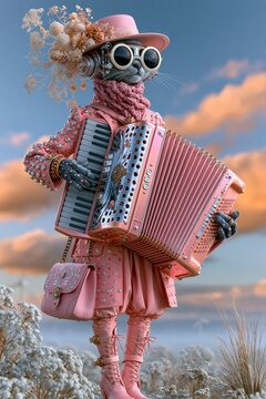 Vermenschlichte Katze als Akkordeonspielerin in rosa Steampunk-Outfit, whimsical Fantasy-Illustration