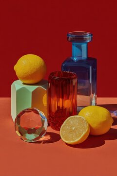 Stillleben mit blauer Glasflasche, Kristallkugel und Zitronen vor rotem Hintergrund