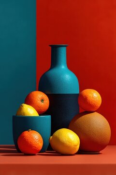 Stillleben mit t&uuml;rkisfarbener Vase, Orangen und Zitronen vor geteiltem t&uuml;rkis-rotem Hintergrund