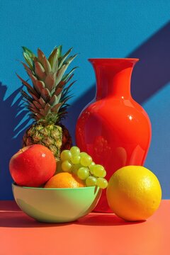 Stillleben mit Ananas, Apfel, Weintrauben und roter Vase vor blau-rotem Hintergrund