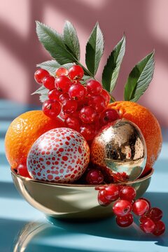 Stillleben mit goldener Schale, roten Johannisbeeren, Orangen und Christbaumkugel vor rosa Hintergrund