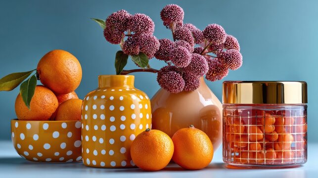 Stillleben mit gepunkteter Vase, rosa Bl&uuml;ten und Orangen vor blauem Hintergrund