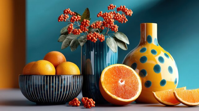 Stillleben mit gestreifter Vase, Vogelbeeren und Orangen vor t&uuml;rkisfarbenem Hintergrund