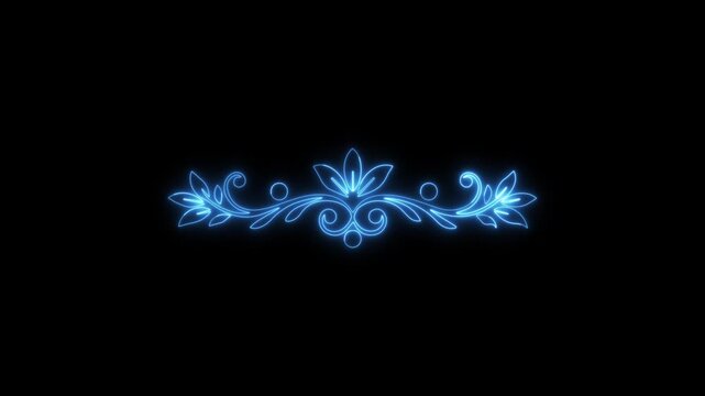 Glowing blue neon floral divider ornament animation on black background, elegant video border, wedding design, retro framing, or luxury logo ornament