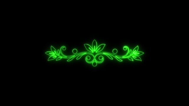 Glowing green neon floral divider animation on a black background, elegant borders, wedding invitation, luxury branding, or video transitions