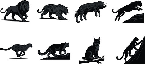 Wild Big Cat Silhouette Vector Collection Featuring Lion, Tiger, Leopard, Panther, Cheetah, Jaguar, Lynx and Cougar © MdAshik