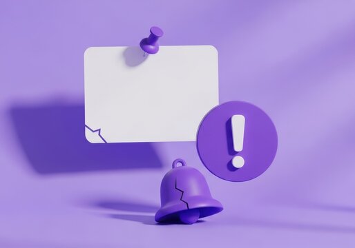3d render of a notification bell with a crack and an exclamation mark on a purple background