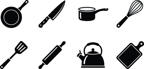 Kitchen Utensil Silhouette Vector Collection Featuring Frying Pan, Knife, Saucepan, Whisk, Spatula and Cutting Board © MdAshik
