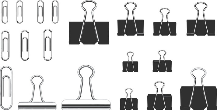 Set of office binder clips. Various black and white paper clips