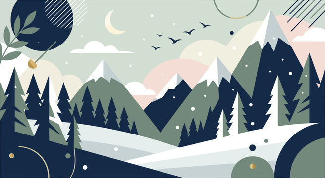 Snowy mountain landscape with pine trees. Winter scenery with evergreen forest.
