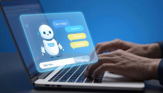 Person using AI chatbot on laptop. Digital assistant interface for automated customer support.