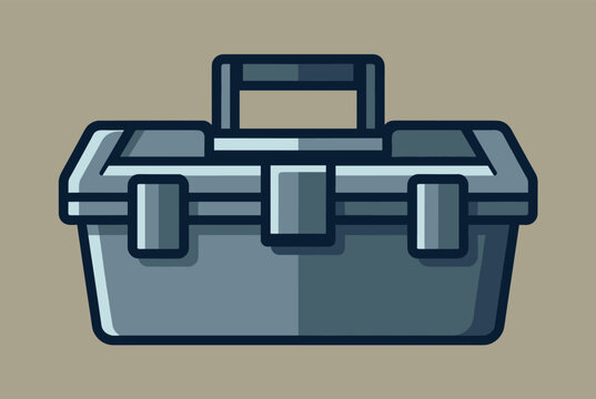 Classic grey metal toolbox with central latches and sturdy handle, designed in a clean vector graphic format.