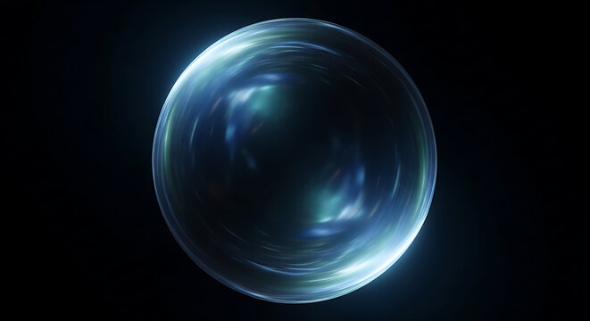 Glowing blue orb with swirling light trails on a dark background with illuminated futuristic technology abstract energy sphere space