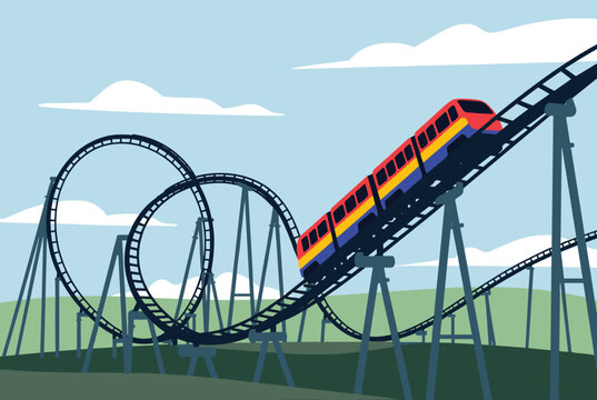 Thrilling amusement park scene features a colorful rollercoaster train climbing up a steep track with large loops.