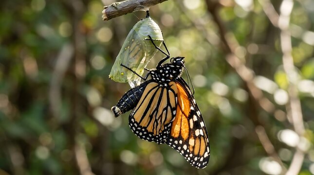 Newly emerged monarch butterfly hanging from its chrysalis casing