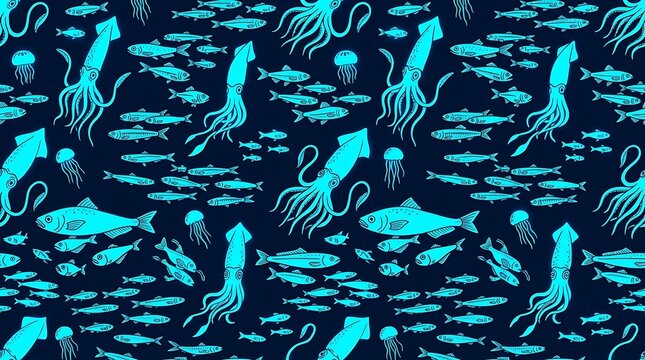 Seamless pattern of blue sea creatures on dark background