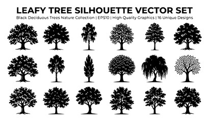 Fototapeta premium Create a premium vector illustration featuring 30 unique black leafy tree silhouettes isolated on a solid white background. Include oak, maple, elm, birch, beech, chestnut, ash, willow, poplar, sycamo