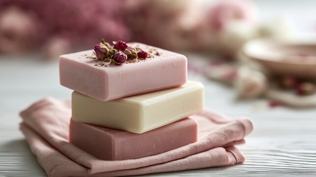 Natural Handmade Soap Bars with Dried Rose Buds for Skincare and Spa