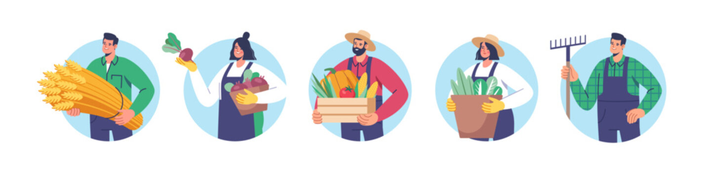 Set of vector images of farmers holding harvest of different crops and tools.