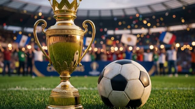 Soccer fans gather in the stadium to cheer for their teams during an important match. A shiny trophy is displayed on the field as the game unfolds