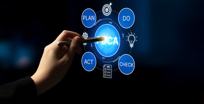 Hand Using Stylus on Digital Screen to Illustrate DCA Methodology in Business Strategy with Circle Icons for Plan, Do, Act, and Check Concepts. Bitwise.