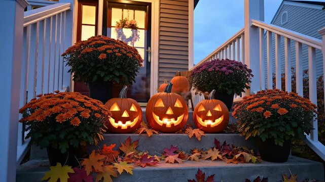 Halloween pumpkins porch autumn decoration fall season holiday festive October celebration spooky carved jack-o-lanterns mums leaves