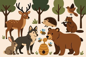 Naklejka premium Group of adorable cartoon forest animals including a bear, wolf, deer, hedgehog, and beaver around a beehive.