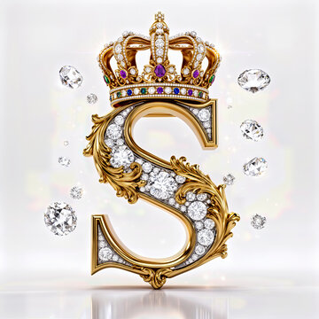 letra S, oro, dorado, 3d, corona, diamantes, reyna, rey, decoraciones, l&aacute;mpara, antique, antig&uuml;edad, vector, ilustraci&oacute;n, cardar, designio, viejo, dorada, retro, alumbrado, arte, silueta, estilo, dech
