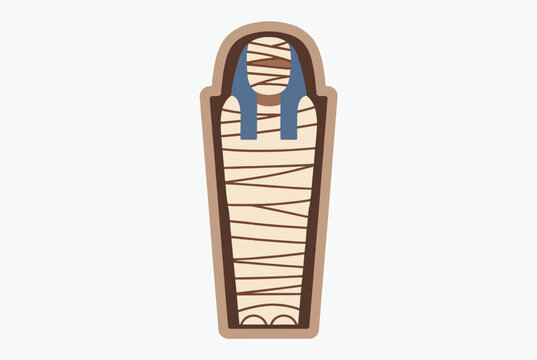 Stylized illustration of a traditional ancient Egyptian mummy inside a decorated sarcophagus coffin.