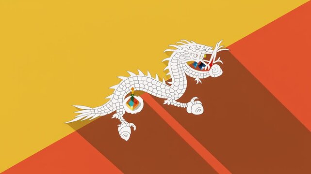 Minimalist Bhutan flag illustration with yellow, orange triangles and white dragon symbolizing heritage, protection.