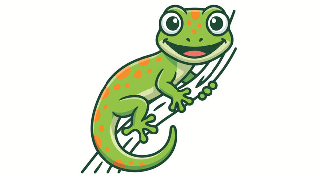 Smiling green lizard climbing a branch