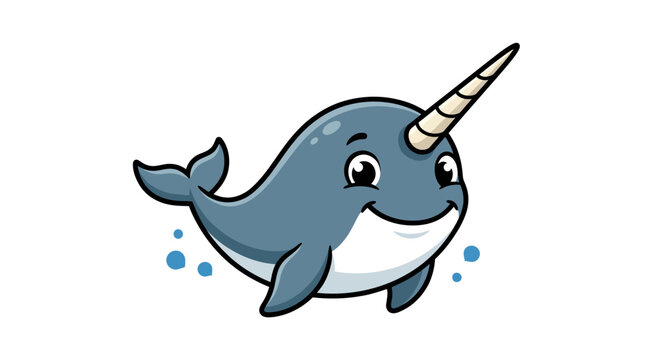 Cute cartoon narwhal swimming in water
