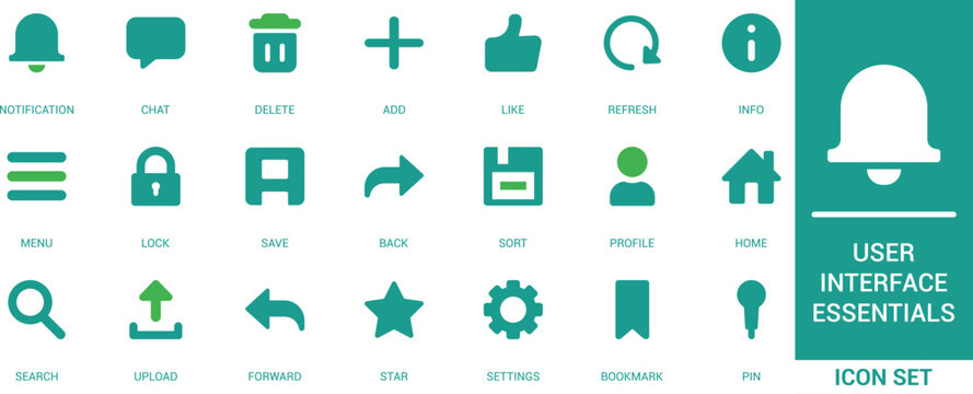 UI essentials vector flat icon set. Featuring web navigation button, mobile app system utility and internet menu interface.