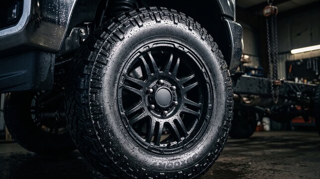 Close up of a wet black off road tire and rim on a vehicle in a dimly lit garage with a chain hoist in the background