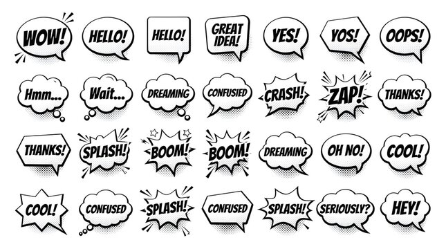 Comic speech bubbles and exclamations set with wow, hello, yes and boom expressions