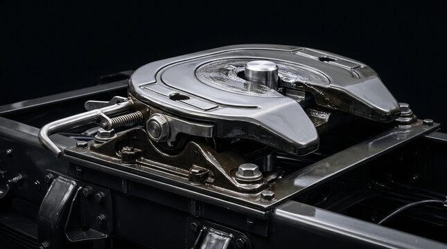 Close up of a heavy duty fifth wheel trailer coupling mechanism on a truck chassis