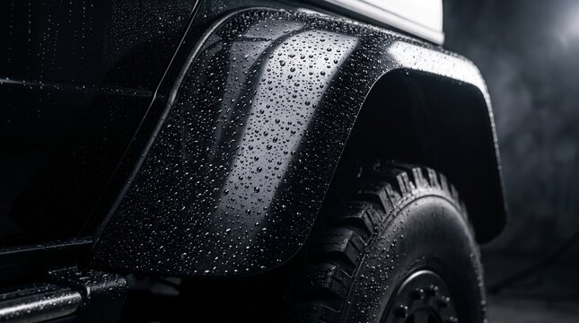 Close up of a black luxury SUV fender with water droplets and rugged tire in dramatic lighting