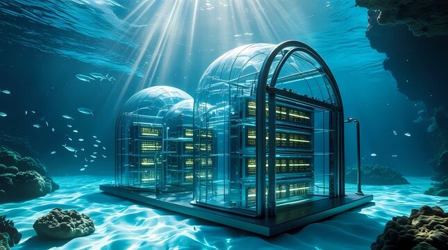 Futuristic underwater data center server farm inside glass domes on the ocean floor, sustainable technology concept.