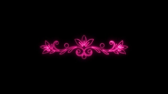 Glowing pink neon floral divider flourish animation on a black background, vintage wedding invitation, luxury boutique branding, or retro ornament