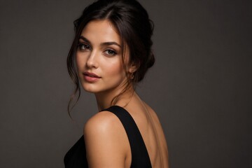Fototapeta premium A model is positioned to the side with an elegant look. She has dark hair styled up and wears a black outfit. The soft light highlights her facial features in the studio.