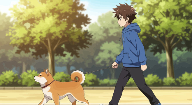 ManWalkingDogInPeacefulParkScenicIllustration