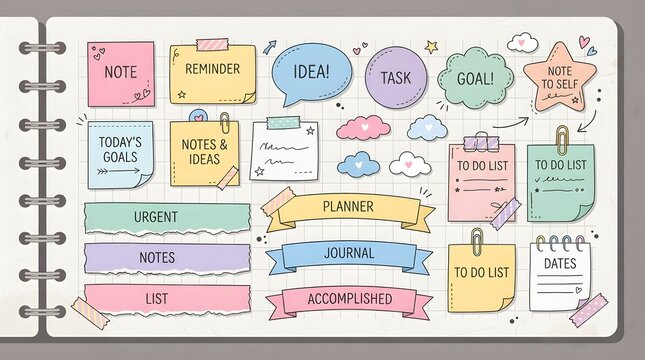 Colorful Planner Stickers and Note Elements Set for Bullet Journaling and Organization