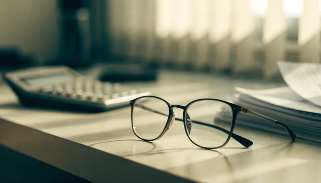 Eyeglasses on a desk with a calculator. Office workspace with accounting tools and paperwork.