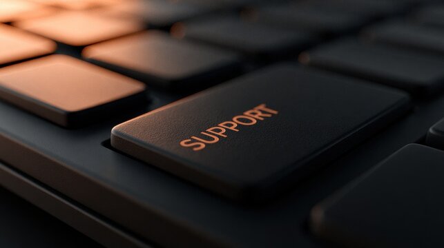 A close-up view of a black keyboard key labeled Support glowing with golden light. It symbolizes customer service.