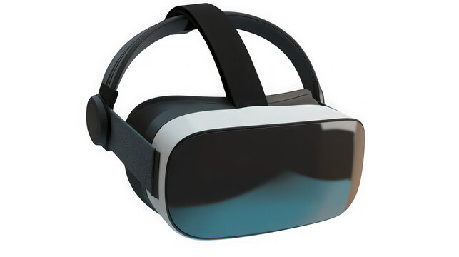 Modern virtual reality headset with black strap and blue lens isolated on transparent background for immersive gaming technology with casing blue reflective displays modern
