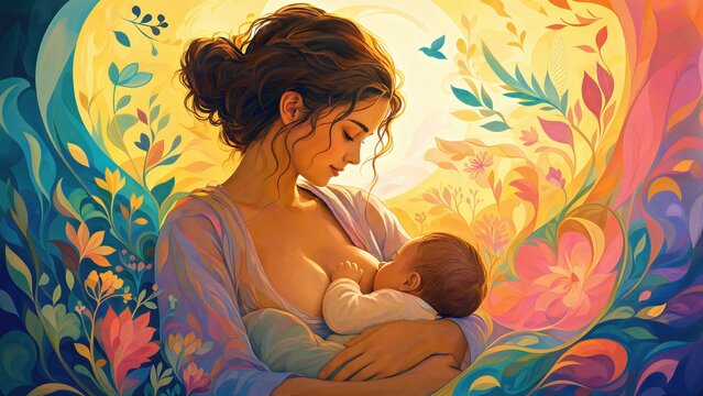 Woman breastfeeding infant against backdrop of colorful floral art. Mother nurture baby during World Breastfeeding Week. Caring parental love, maternal health, connection and infancy concept.