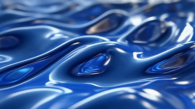 Glossy metallic blue liquid waves in smooth motion. Abstract flowing fluid with reflective organic surface texture for modern design.