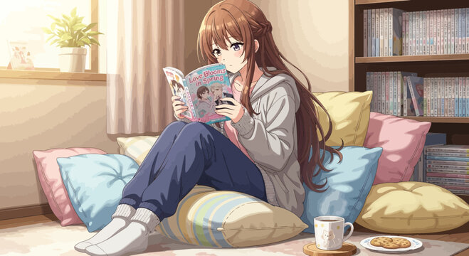 Relaxing Girl Reading Manga with Cozy Snacks