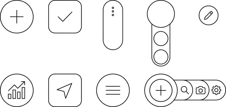 Collection of circular and rounded UI interaction icons for mobile applications with interface navigation application settings minimalist