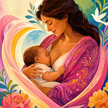 Mother breastfeeding her baby. Artistic illustration of maternal love and connection during World Breastfeeding Week. Nurturing bond, peaceful care, and natural infant development concept.